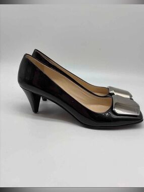 Prada Black Patent Kitten Heel Pumps with Silver Hardware